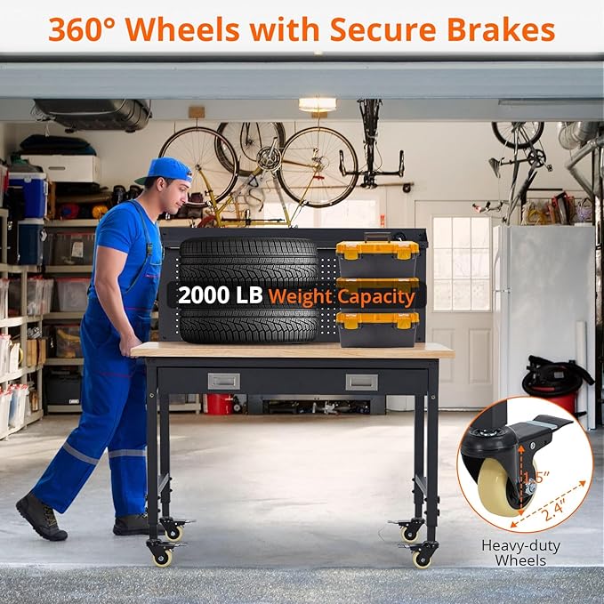 48x24 Inch Heavy-Duty Adjustable Workbench with Rubber Wood Top – 2000LB Capacity Mobile Garage Workstation with Drawer&Backplate, Ideal for Workshop, DIY & Tool Storage