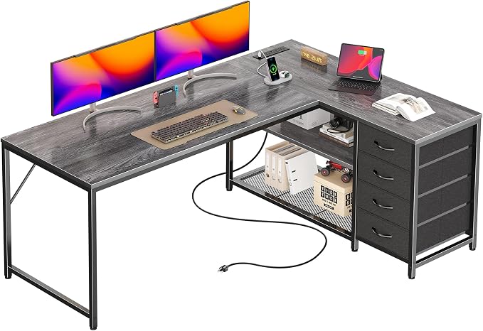 PRAISUN 61" L Shaped Desk with Power Outlets & USB-C Port, Reversible Computer by PRAISUN