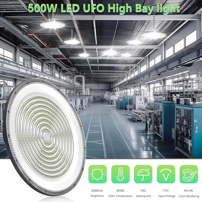 loyal LED High Bay Shop Lights: UFO Dimmable Commercial Lighting 6000K - for Warehouse Garage Workshop Gym with US Plug Cable (500W, 20 Piece)