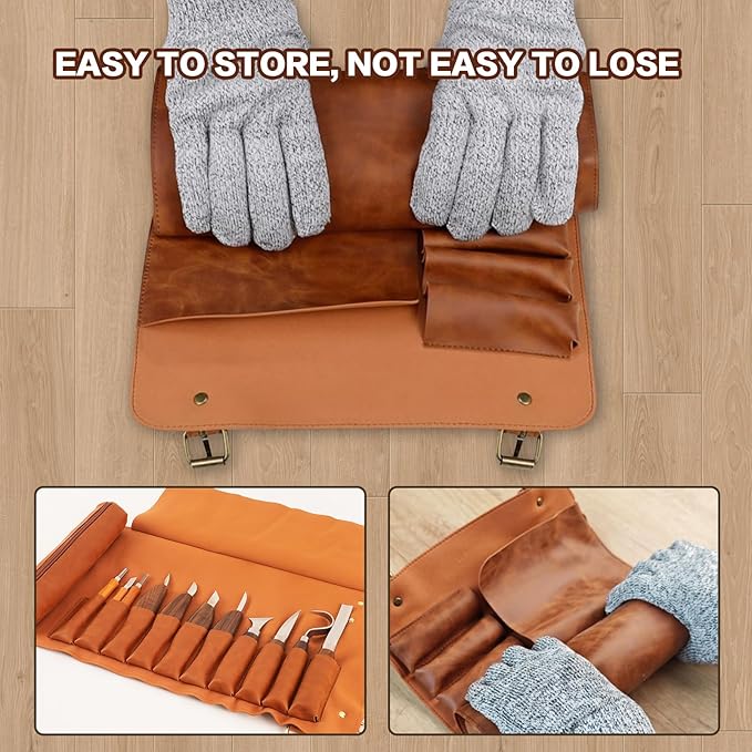 Wood Carving Kit, Deluxe Wood Carving Tools with Large Leather Case, 8Pcs Whittling Knives, 3 Detail Carving Knives, Whittling Kit for Beginners DIY