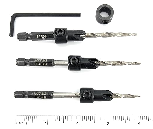FTG USA Countersink Drill Bit Set for Wood with Tapered Drill Bit 3 Pc #8 (11/64")