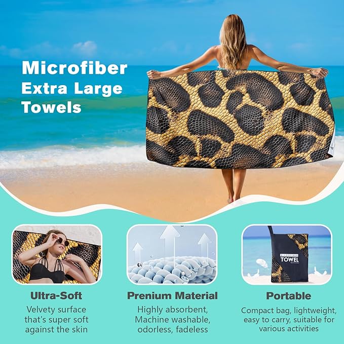 Snake Skin Pattern Beach Towel Oversized 36" x 72", Thin Lightweight Sand Free Quick Dry Microfiber Towel for Swimming Pool Cruise Camping Travel