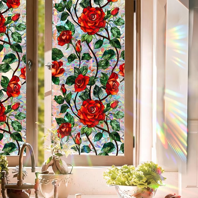 Stain Glass Window Film, Rose Floral Privacy Film by Aomkmi