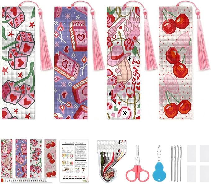 4 Pack Pink Cross Stitch Bookmark Kit by VIGEGU