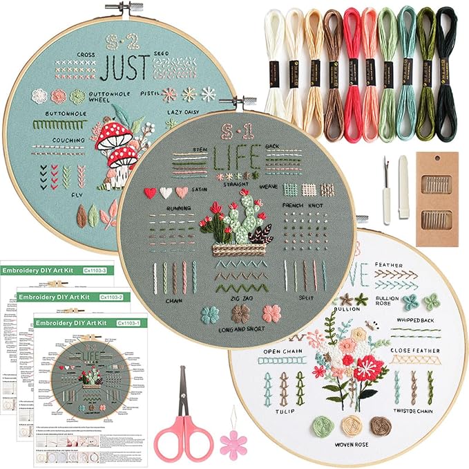 COCOMOX 3 Sets Embroidery Kit for Beginners Adults, Needlepoint Cross Stitch by COCOMOX