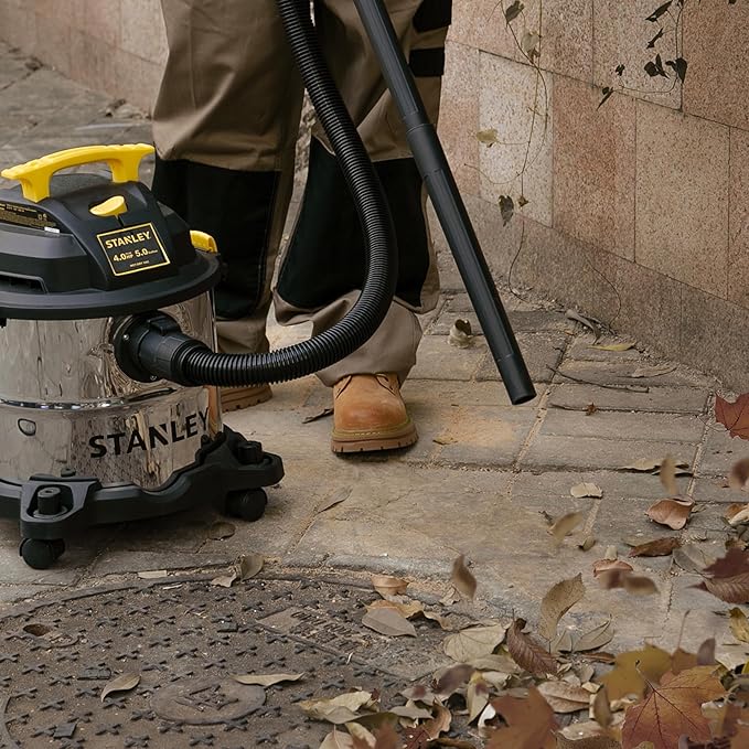 STANLEY Wet Dry Vac, 5 Gallon Portable Shop Vacuum Wet/Dry, 4 Horsepower, Stainless Steel Tank, 4.0 HP, Silver+Yellow, SL18115