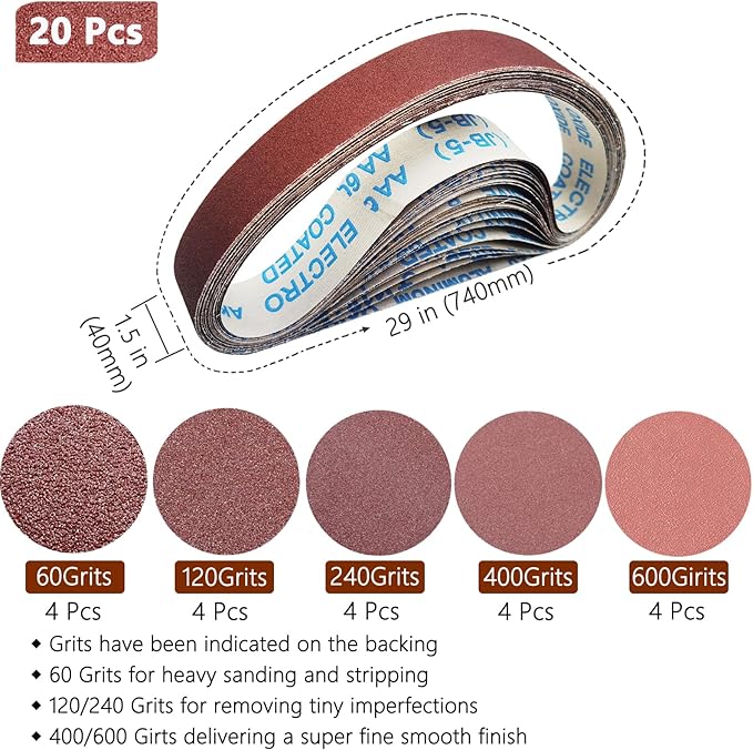 20 Pcs 1-1/2 x 29 Inch Sanding Belts,4 Pcs Each of 60/120/240/400/600 Grits Sanding Belt for Pipe Sander Adapter,740 x 40 mm Sanding Belts for Pipe or Tube Sanding Attachment.