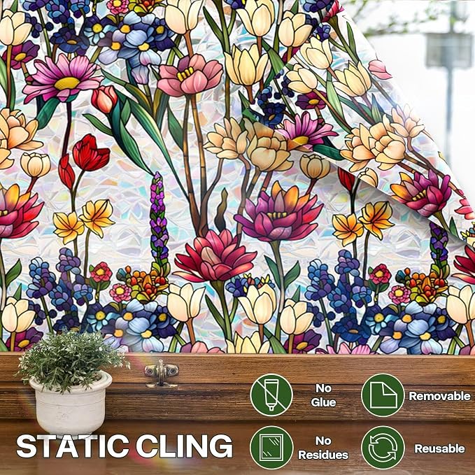 Stained Glass Window Film UV Resistant Window Privacy Film, Colorful Flowers - Image 4