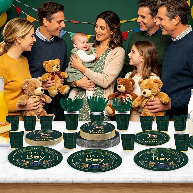 168 Pcs Tartan Plaid Bear Baby Shower Decorations, Serves 24 | We Can Bearly - Image 6