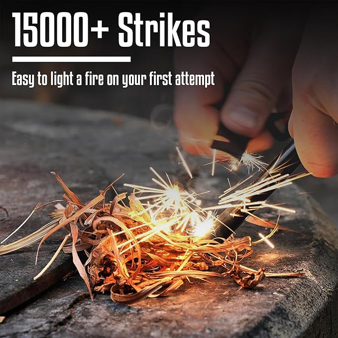 Fire Starter Survival Tool–Ferro Rod Fire Starter with 11" Waterproof Tinder Wick Rope, Multi-Tool Striker and Extra Jute Bag - All-in-One Flint and Steel Fire Starter Kit.