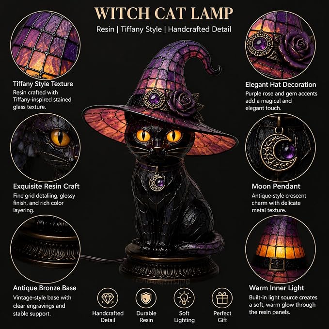 Resin Black Cat Witch Hat Table Lamp - Image 4