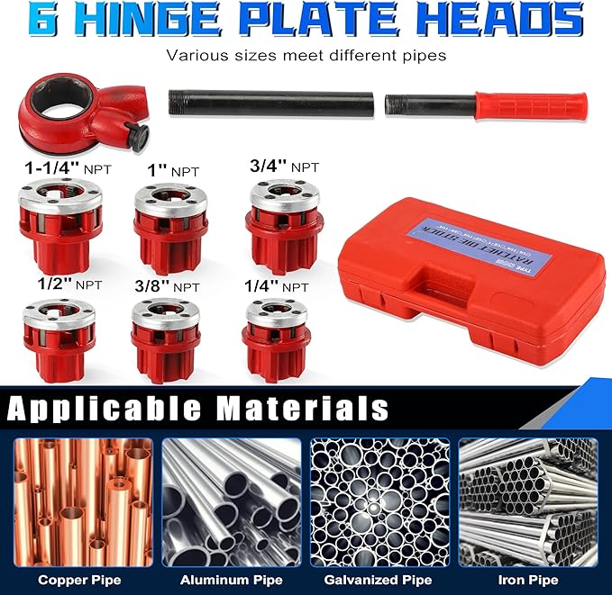 Pipe Threader Ratchet Kit， Manual Ratcheting Pipe Threading Tool Set with 6 NPT Dies (1/4" 3/8" 1/2" 3/4" 1" 1-1/4"),Portable Pipe Threading Tool Set for Galvanized Aluminum Iron Copper Pipes