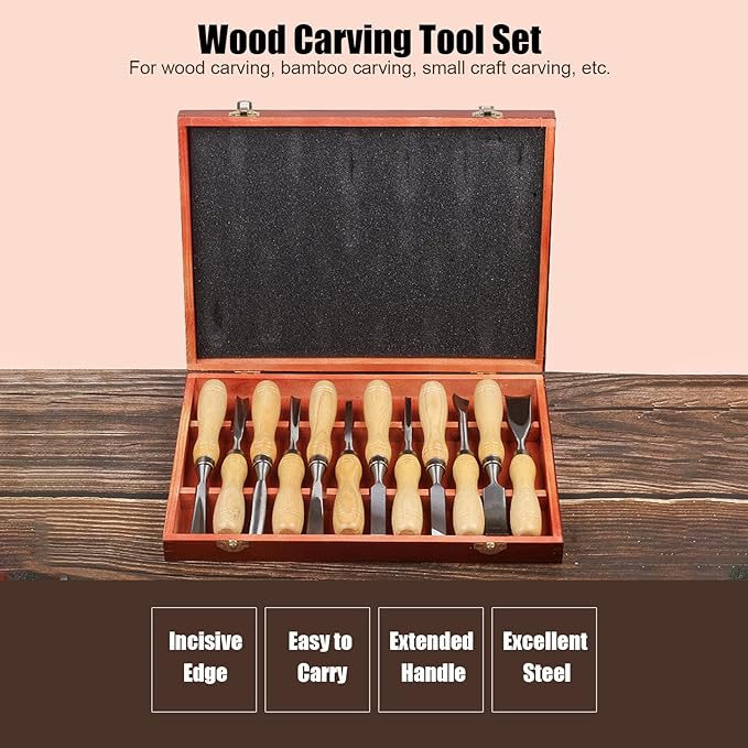 Cunyuer 12 PCS Wood Carving Tools, 60CRV Blade Wood Chisel Sets with Wooden Case, Woodworking Chisel for DIY Handicrafts