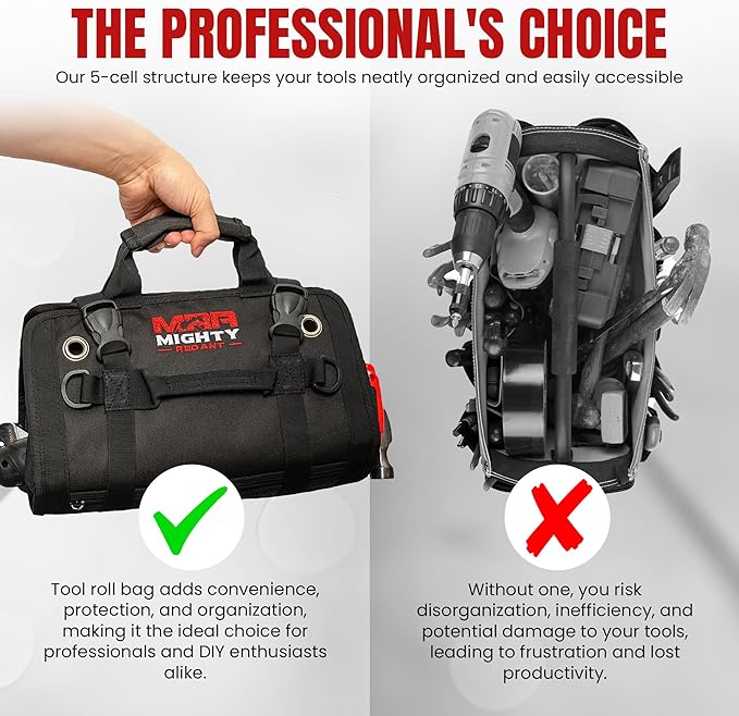 Tool Roll Bag Organizer with Magnetic Plate – Heavy Duty Polyester, Ideal Gifts For Men, Portable Tool Roll Up Bag with 5 Large Pouches & 4 Tool Strap – Black (26 Inches)