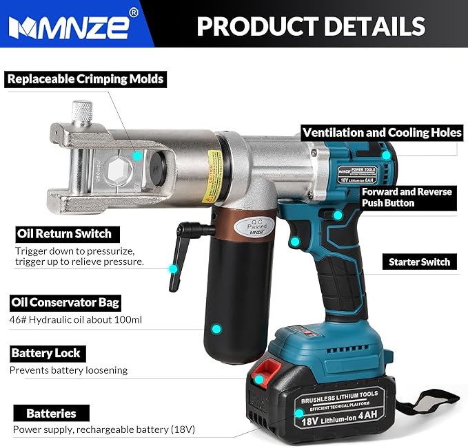 Electric Hydraulic Cable Lug Crimping Tool Hydraulic Electrical Terminal Cable Lug Wire Crimper Rechargeable Crimping Tool Kits with 11 Dies, 8 AWG to 500 MCM