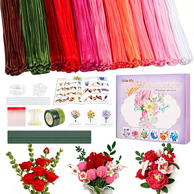 Red Thick Pipe Cleaner Flower Kit by Uniartfy