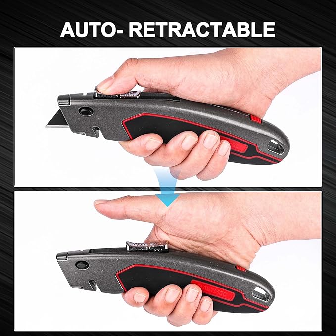 HAUTMEC Heavy-Duty Utility Knife, Safety Box Cutter with Auto-Retracting & 3-Position Locking Dual-System, Built-In Wire Stripper, Blade Storage and 3 Ultra-sharp SK4 Blades – HT0311