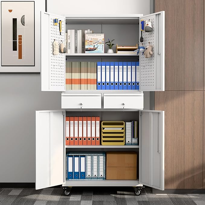 Garage Storage Cabinet with Wheels, Metal Storage Cabinet with 2 Drawers and 2 Adjustable Shelves, Metal Lockers with Pegboards for Homes, Offices, Kitchens, and Pantries, Gray and White