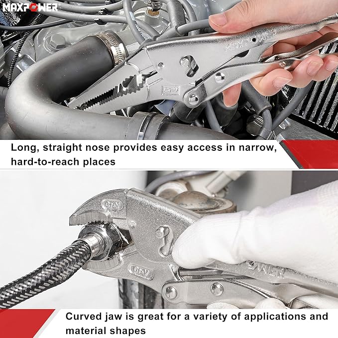 MAXPOWER Locking Pliers Set - 9-inch Long Nose, 10-inch Curved Jaw, Wide Opening Two-position Adjustment - 2 Pack
