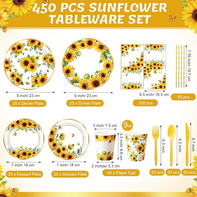 450 Pcs Sunflower Birthday Tableware Set Decorations Floral Paper Plates - Image 2