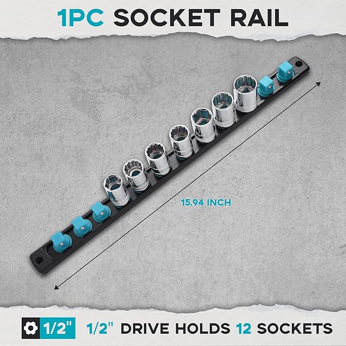 1/2-Inch Drive Magnetic Socket Organizer, Heavy Duty Aluminum Socket Rail Organizer, 360° Swivel Clips Socket Holder Kit for Tool Box, 1/2-Inch Socket Holder x 12 Clips (Aqua Blue)