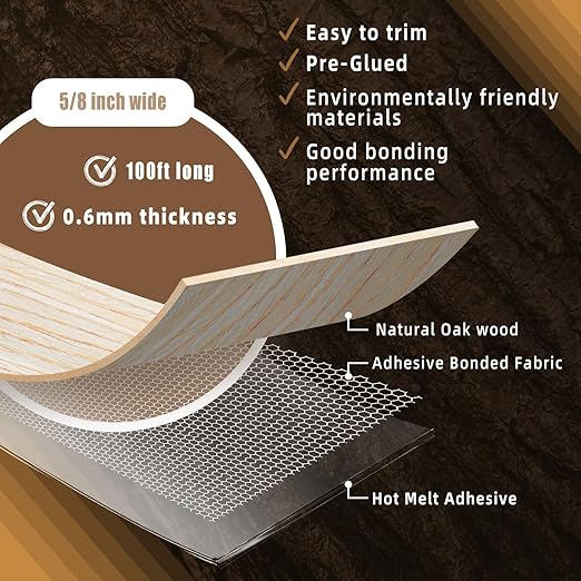 GSCIT Club Oak Edge Banding, 5/8 inch x 100ft roll of Veneer Edge Banding -Pre-glued Flexible, Real Wood Tape Banding for Cabinet Repair Furniture Restoration