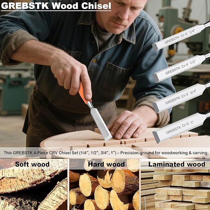 GREBSTK 4 Pcs Wood Chisel Set, CRV Steel Bevel Sharp Edge Bench Chisels with Metal Striking Cap, for Woodworking and DIY Projects, 8"x(1/4", 1/2", 3/4", 1")