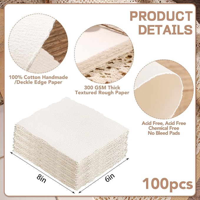 100 Sheets Watercolor Paper 6x8 inch, 300 GSM Deckled Edge Paper Rough/Textured - Image 2