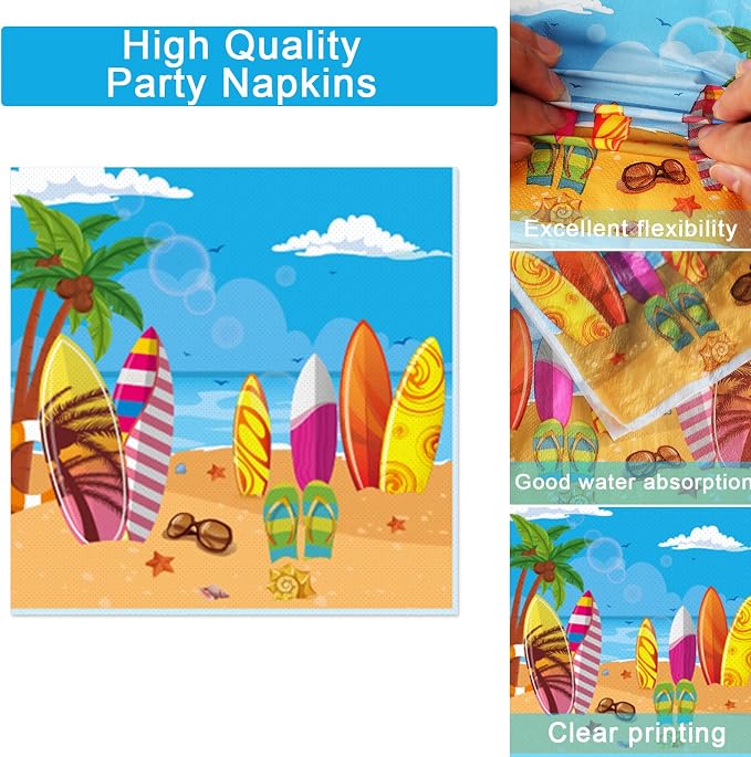 100 Pcs Summer Beach Surfing Party Paper Plates Napkins Supplies - Image 3