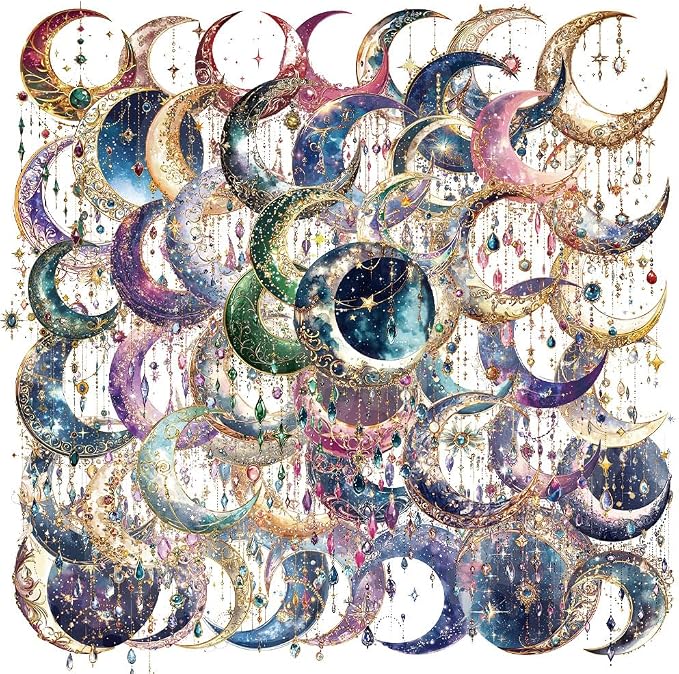 50PCS Dreamy Moon Crystal Gem Scrapbook Stickers – Clear Celestial Vinyl Decals by YOKSAS
