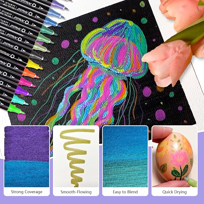 Artecho Acrylic Paint Markers 18 Colors include 12 Metallic + 6 Fluorescent - Image 3