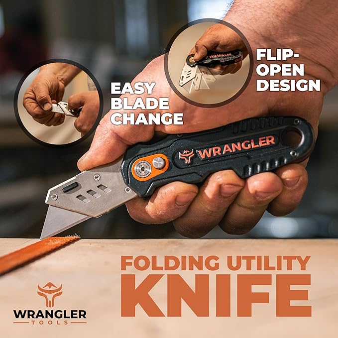 Folding Utility Knife - Flip Open Design - Heavy Duty Fixed Folding With 10 Blades, Blade Dispenser, Thumb Rest & Belt Clip - Work Knife For Carpenters