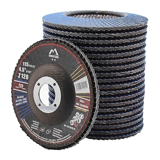 Merryland Flap Disc 4 1/2 inch Metal for Angle Grinder, 4.5inch 120 Grit T29 Flap Wheel 20 Pack, Blue Zirconium Corundum INOX Stainless Steel Iron Universal, Craft-Line FC1107614-20