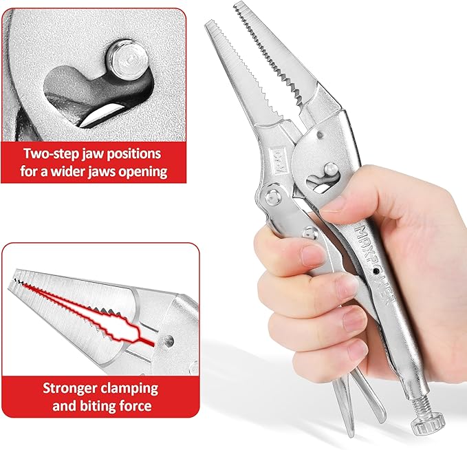 MAXPOWER 9-inch Long Nose Locking Pliers, Locking pliers with Two-position Opening Adjustment, Max Jaw Opening 3.14"