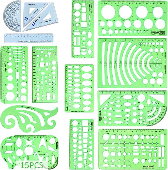 15PCS Geometric Drawings Templates, Measuring Geometry Rulers, Drafting by IPXEAD
