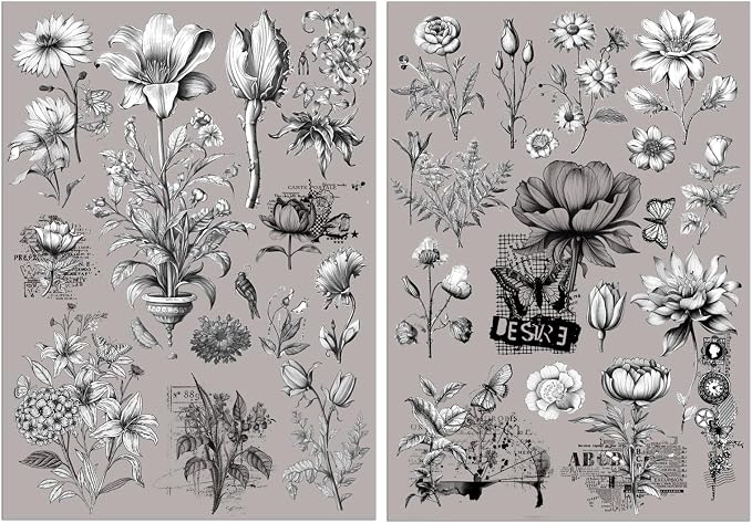 2 Sheets Vintage Floral Rub On Transfer Stickers, by Unknown