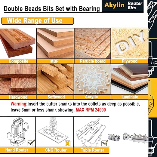 3Pcs Double Beading Router Bits 1/2" Shank,Cutting Height 3/4",7/8",1-3/8" Pair Beads,Dual Bead Columns for Furniture Molding,Perfect Edge Mould Cutter for Shelf with Ball Bearing Guided