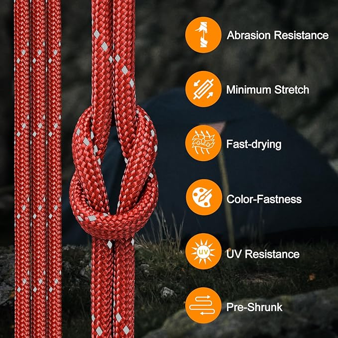 850Ib Reflective Paracord Rope, 50/100/200/500/1000ft 4MM 11 Strand Cords Lanyard Utility Parachute Cord for Tent Camping Hiking Fishing Survival Tactical Clothesline DIY Projects, Red 100FT