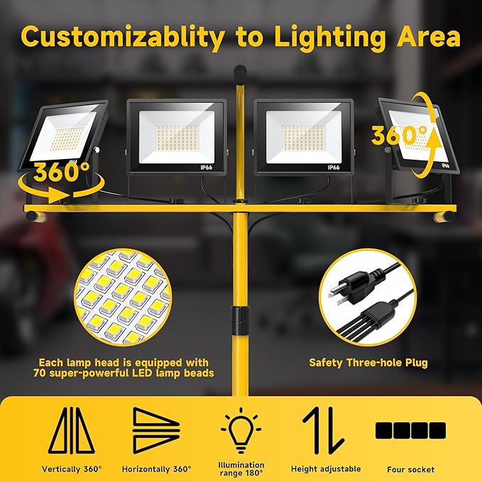 TOPRATED Plug in Led Work Light with Stand,28000 Lumen 110V 4 Adjustable Head Outdoor Flood Lights,Foldable Mechanic Light with 16.5Ft Power Cord,Portable Waterproof Tripod with Lamp for Workbench