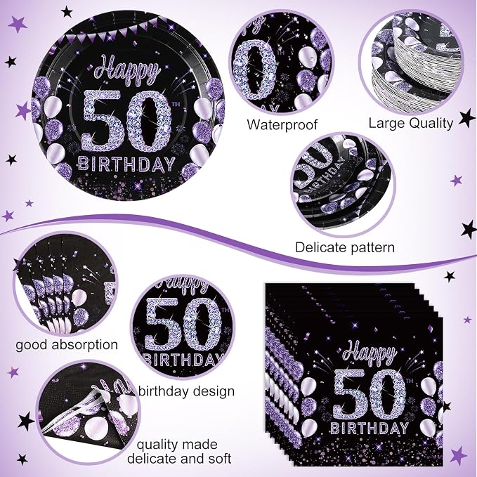 Pickmesh 400 Pcs 50th Birthday Party Supplies Purple Black Happy 50th Birthday - Image 3