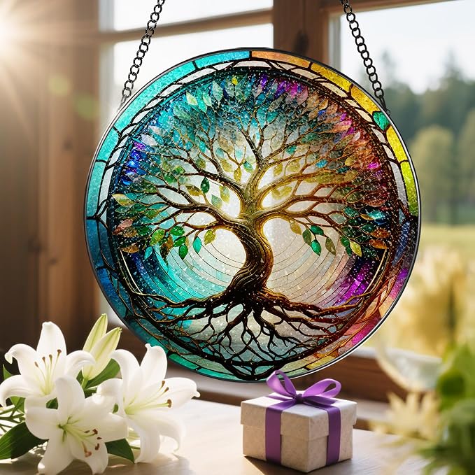 Stained Glass Window Hanging, LAOWEIKI 8'' Tree of Life Suncatcher, Stained - Image 6