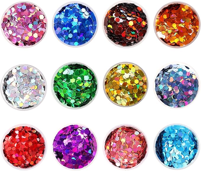 12 Assorted Colors 3mm Holographic Extra Chunky Hexagon Glitter by LICOOL+GLITTER