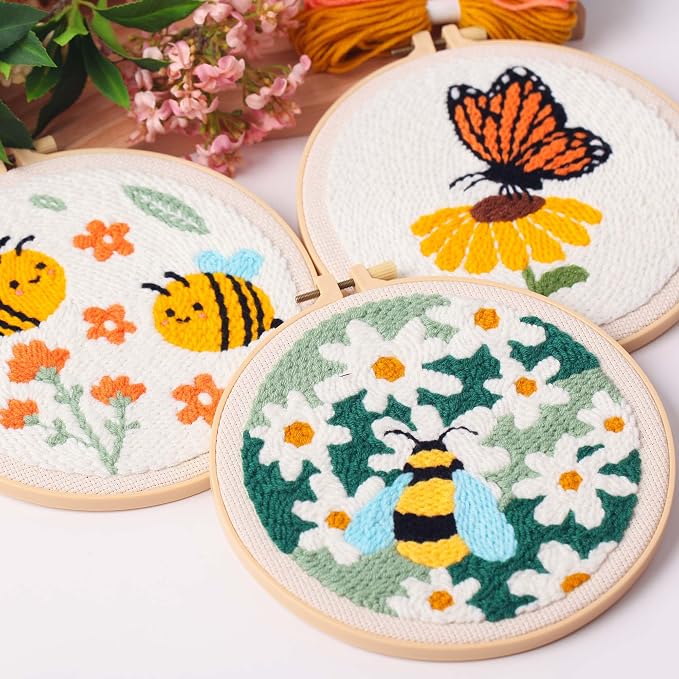 3Sets Punch Needle Kit for Adults Beginners, Bee & Butterfly Flowers Embroidery - Image 7