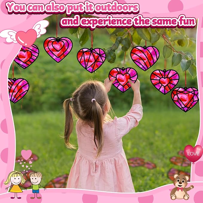 32 Sets Valentines Suncatchers Craft Kit DIY Heart Window Stained Glass Effect - Image 7