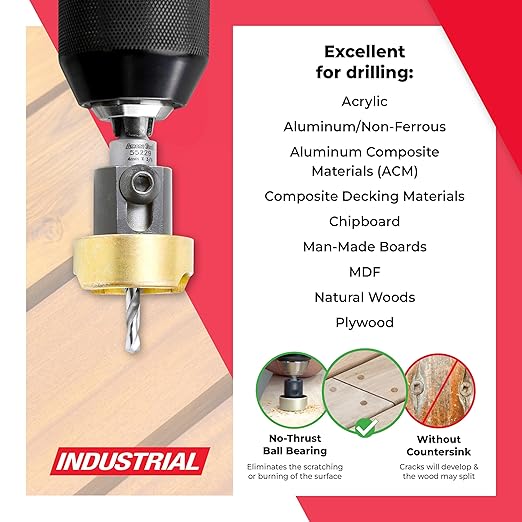 Amana Tool 82 Degree Countersink with Drill Bit Depth Stop and No-Thrust Ball Bearing, 55229, 3/8 D x 5/32 Drill D x 1/4 Inch Quick Release Hex Shank