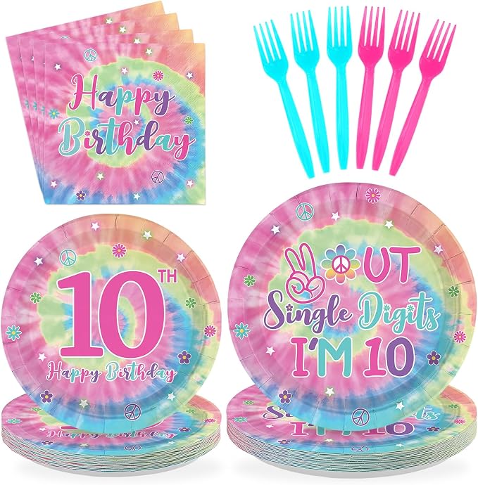 96Pcs Tie Dye 10th Birthday Party Decorations by Greencian