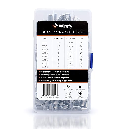 Wirefy 120 PCS Tinned Copper Wire Lugs Kit - Battery Lugs - Crimp Battery Cable Ends - Ring Terminals - 10-4 Gauge
