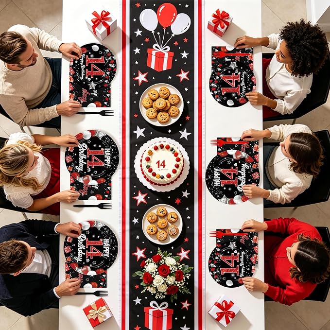 96Pcs Red and Black Party Decorations Happy 14th Birthday Plates and Napkins - Image 7