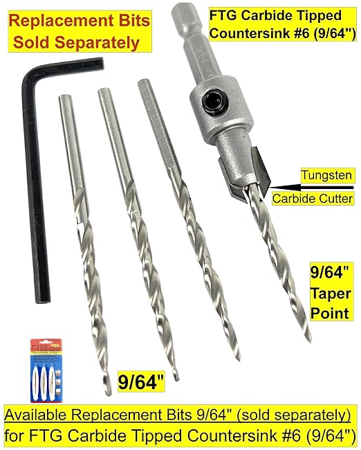 FTG USA #6 (9/64") Tungsten Carbide Tipped Countersink Drill Bit with Tapered Drill Bit, 1/4 Inch Quick Change Hex Shank and Allen Wrench