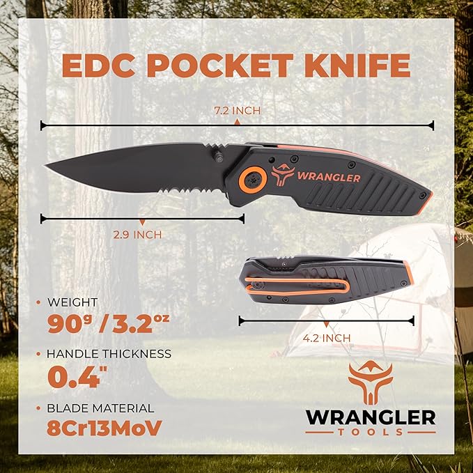 EDC Pocket Knife - Compact Every Day Carry Tactical Pocket Knife - 2.9" 8Cr13MoV Drop Point Partially Serrated Blade - Lightweight 3.2oz - Folding Knife